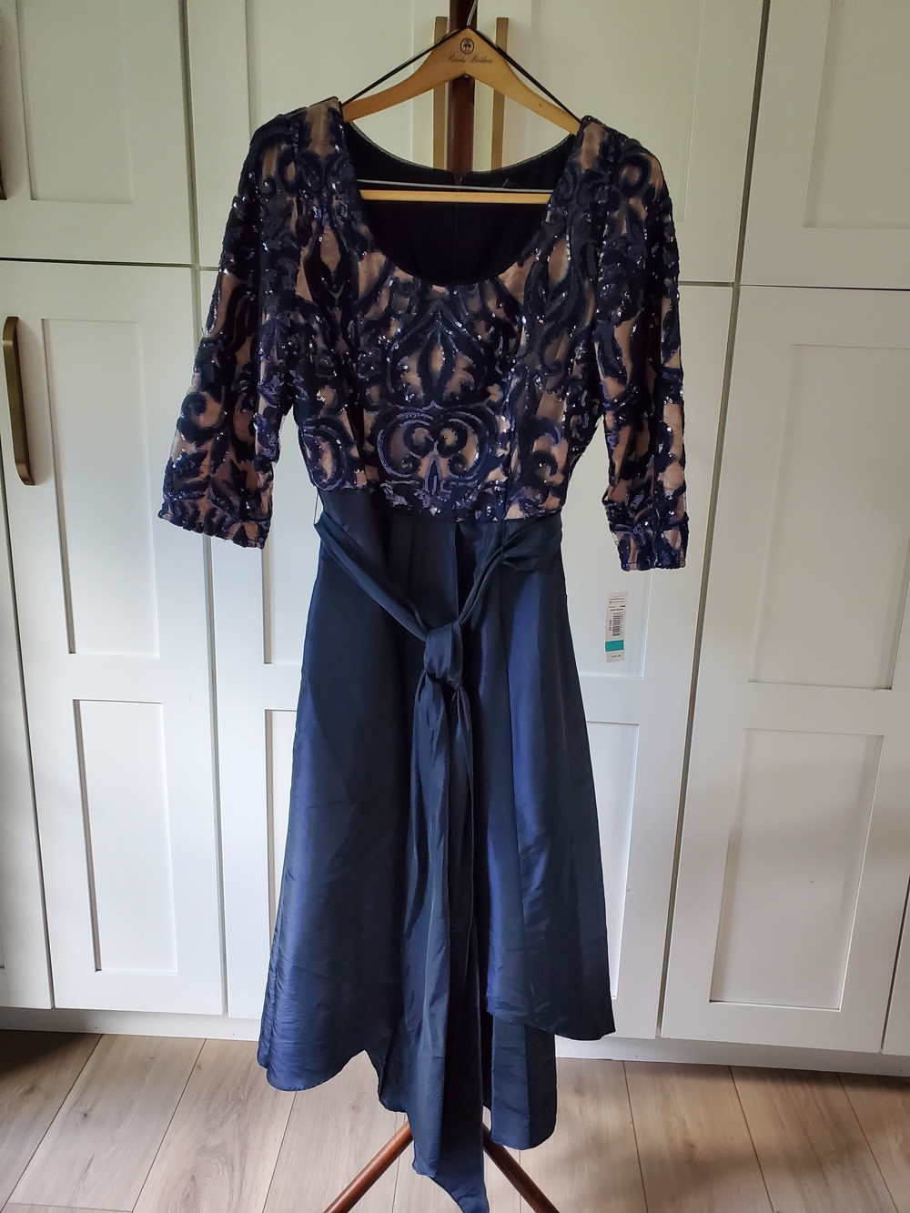 R&M Richards Navy Sequin Embellished A-Line Dress with Sash